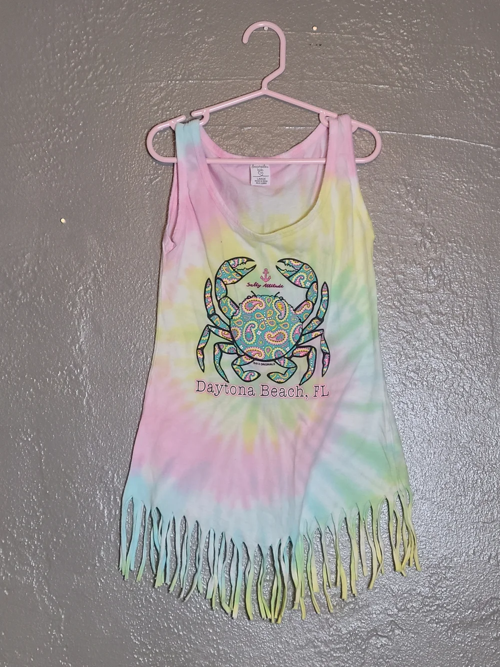 Dreamsicle Kids Daytona Beach Tie-Dye Fringe Crab Graphic Top - Pastel Multi L